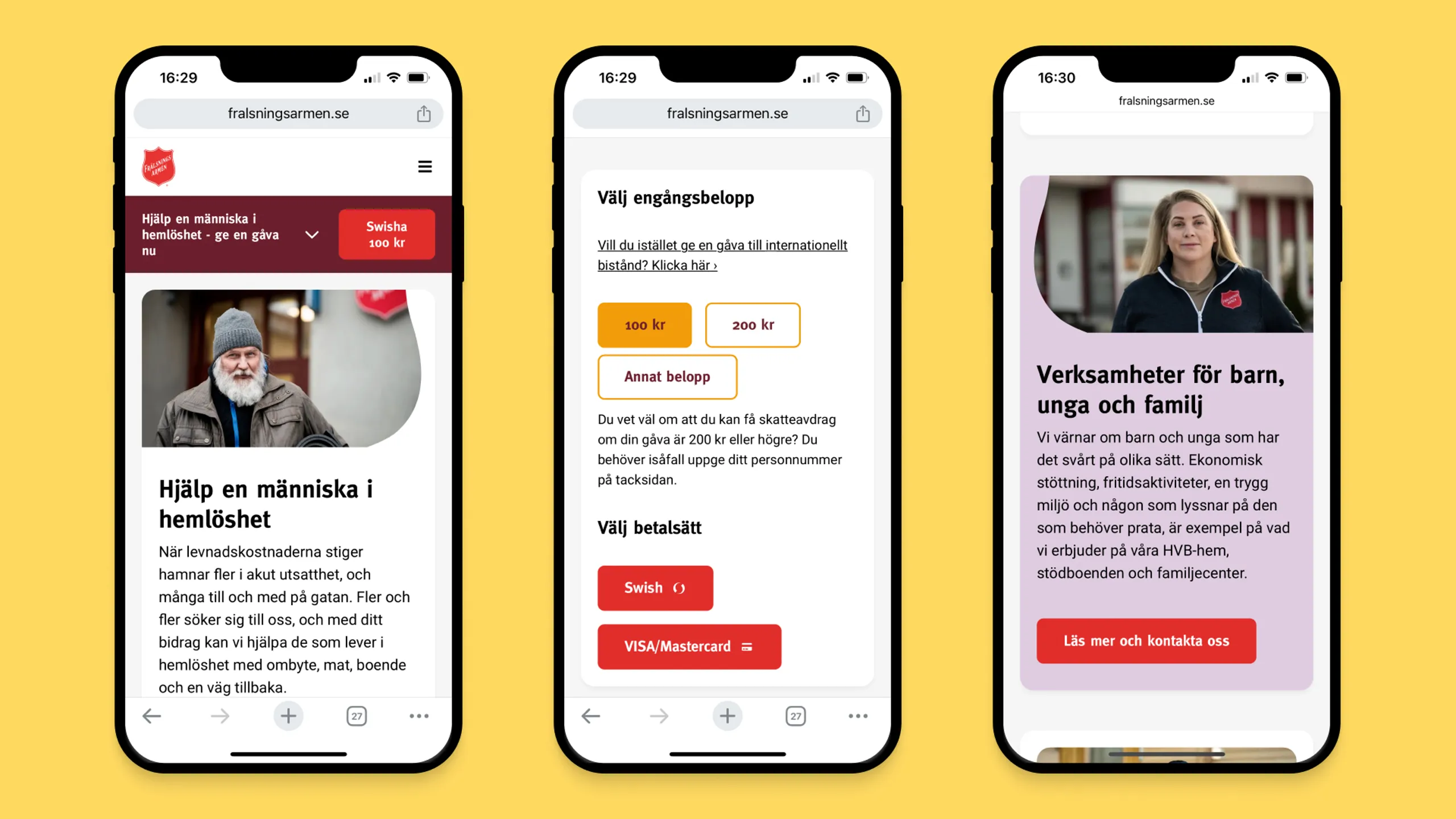 Tre mobilskisser från frälsningsarmens hemsida