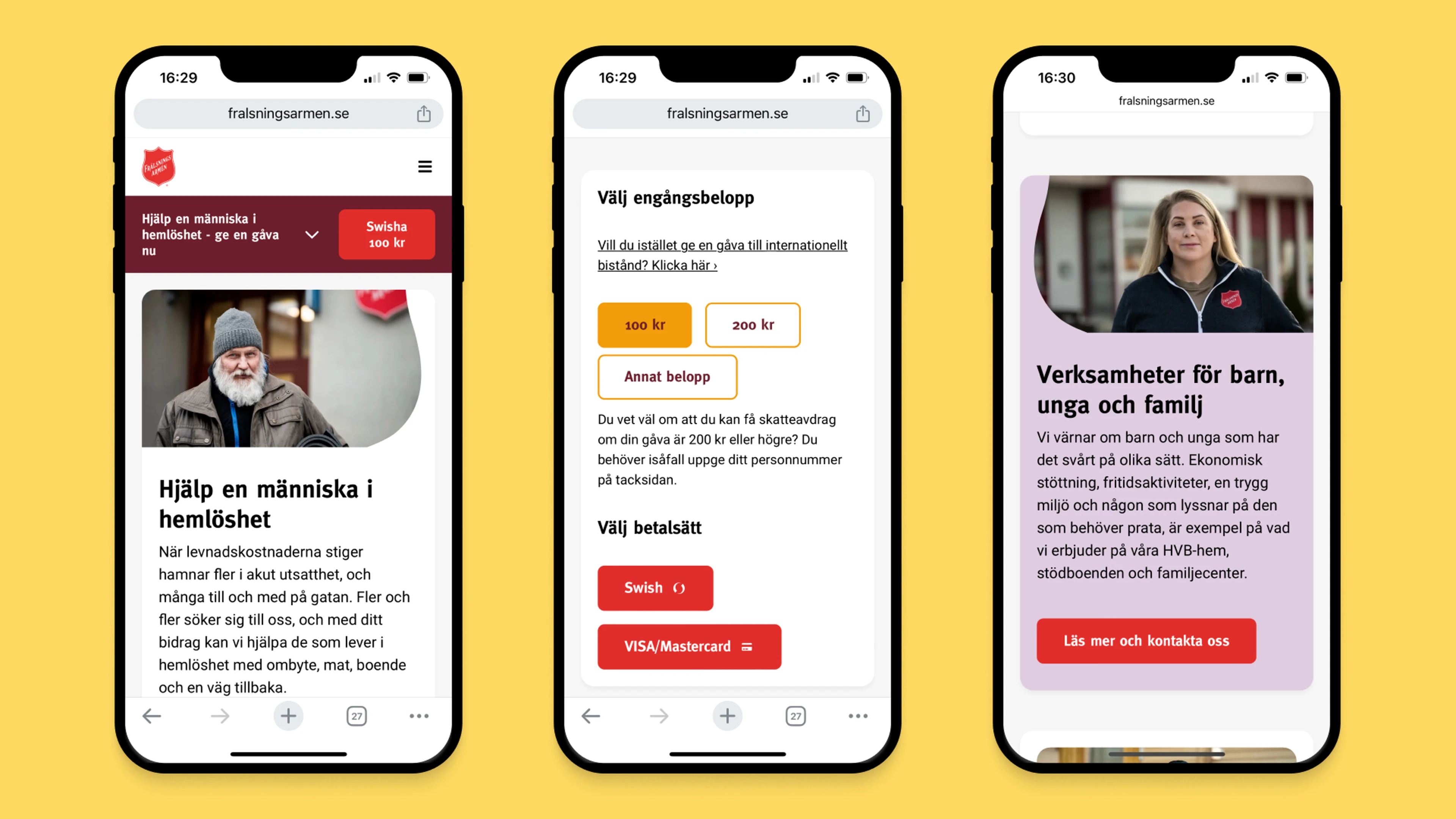 Tre mobilskisser från frälsningsarmens hemsida