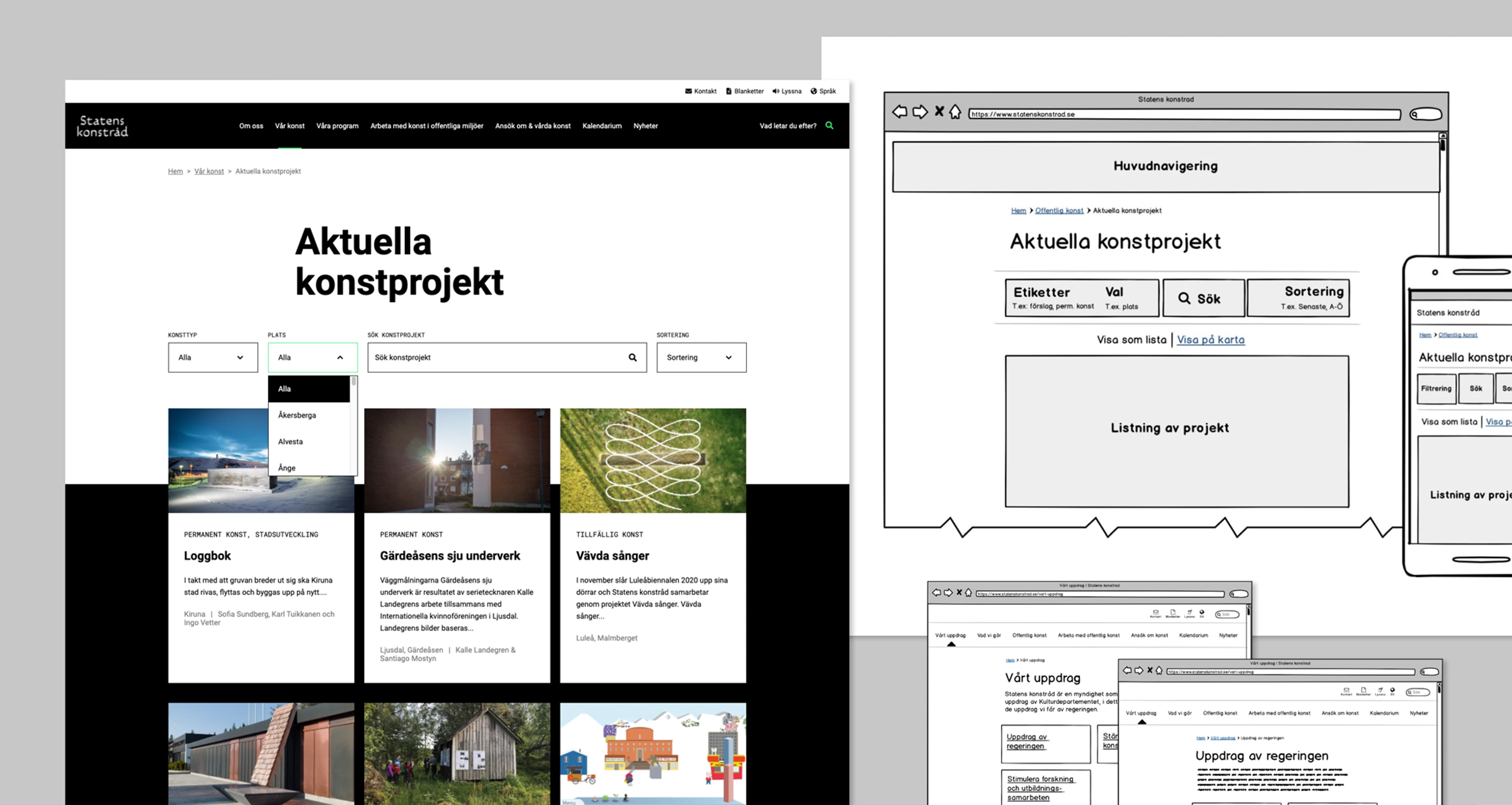 Skiss och wireframes på hur en hemsida ser ut i olika stadier