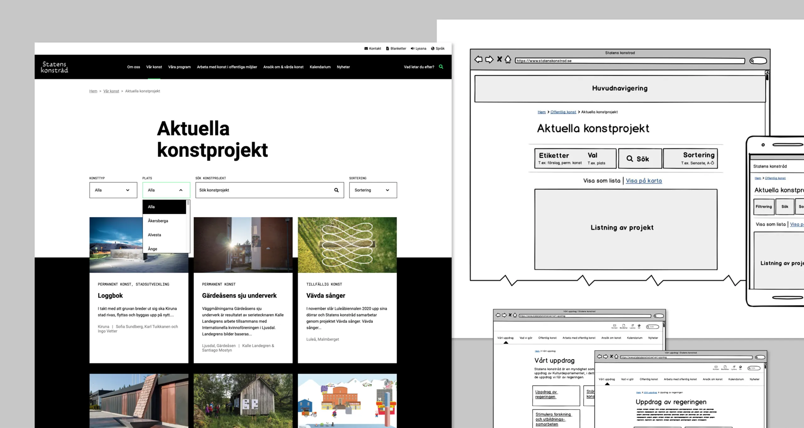 Skiss och wireframes på hur en hemsida ser ut i olika stadier