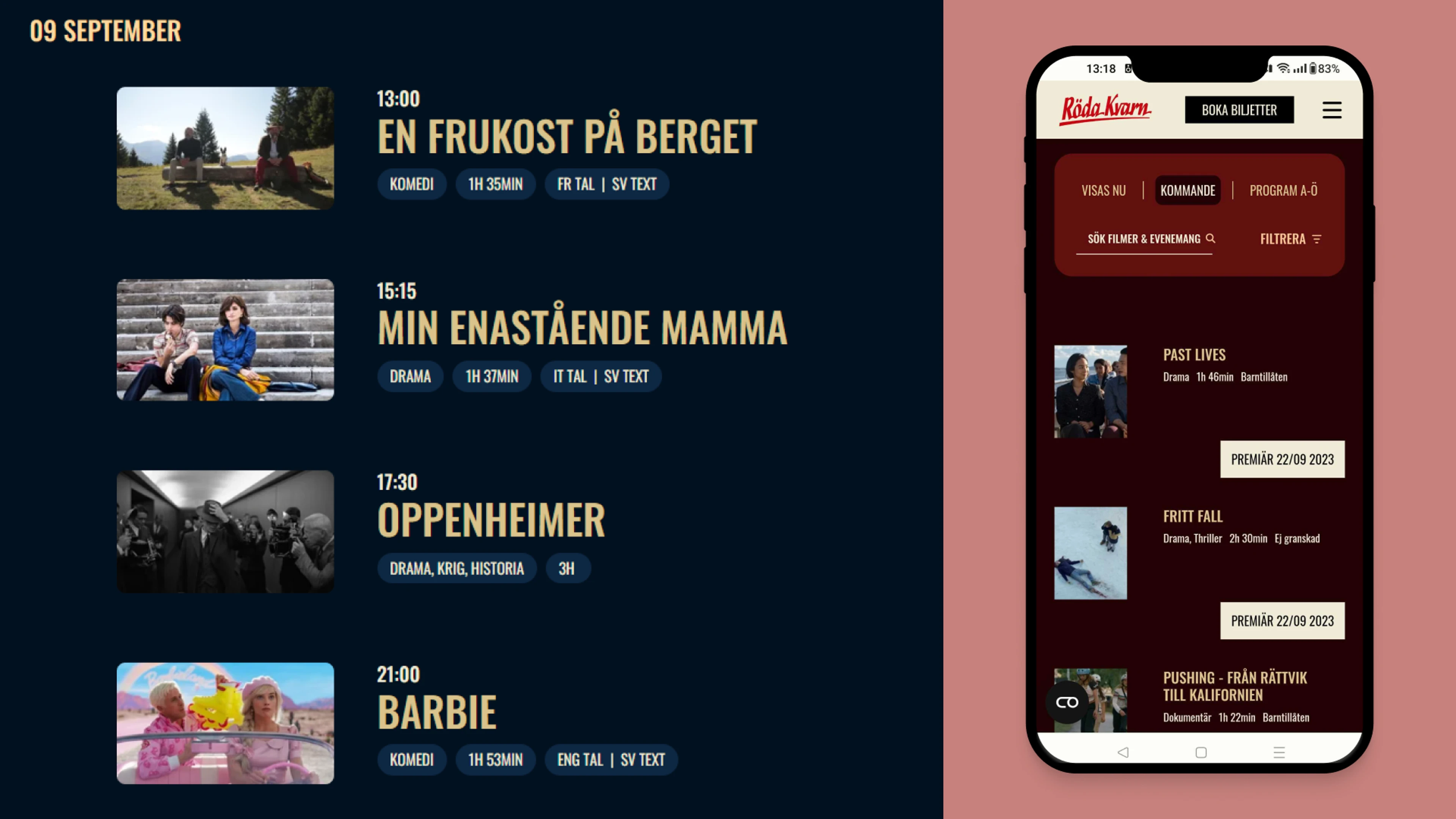 Skisser på biografsida för välja film på dator och mobil