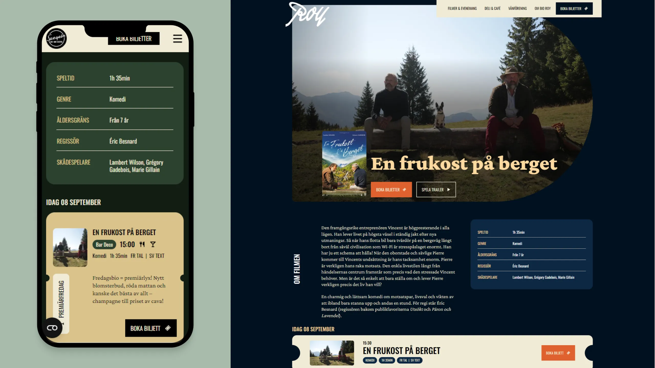 Skisser på en biografsida för mobil och desktop