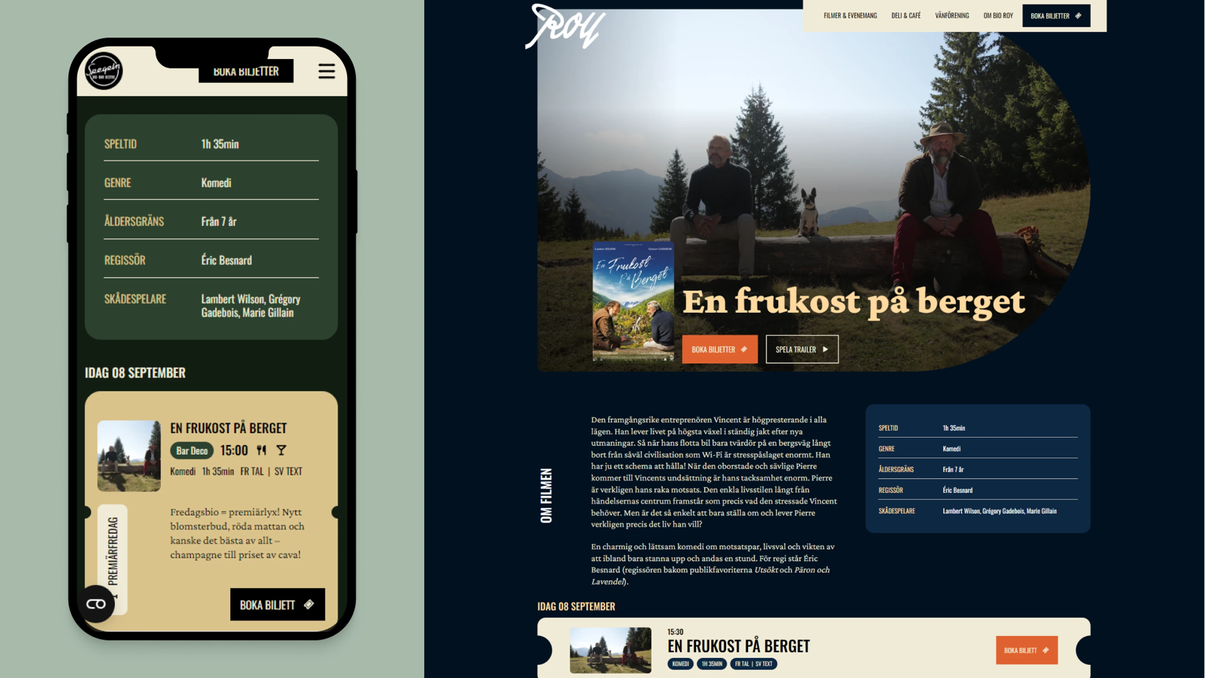 Skisser på en biografsida för mobil och desktop
